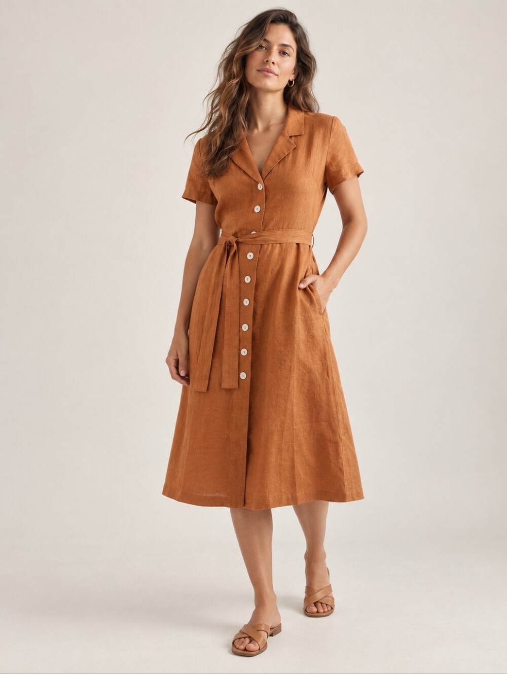 NWOT QUINCE European Linen Button Front Shirtdress Belted Midi Dress Terracotta